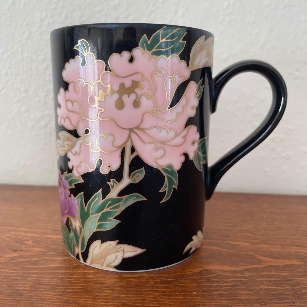 Fitz and Floyd Cloisonné Peony Mug Cup Replacement‎ Black 10 oz Tea Coffee
